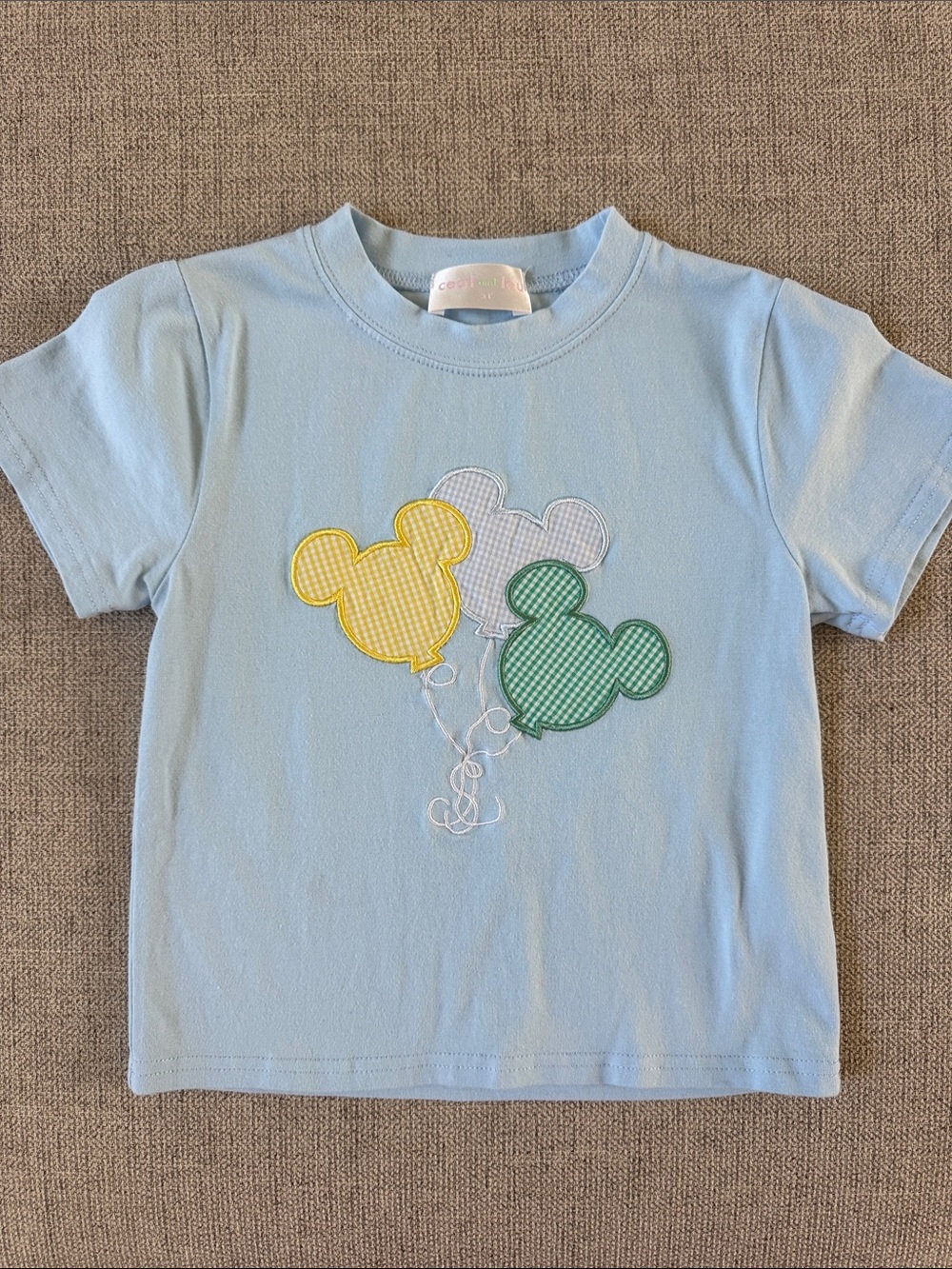 3T Cecil & Lou Light Blue Kids T-Shirt with Gingham Mickey Balloon Appliqués
